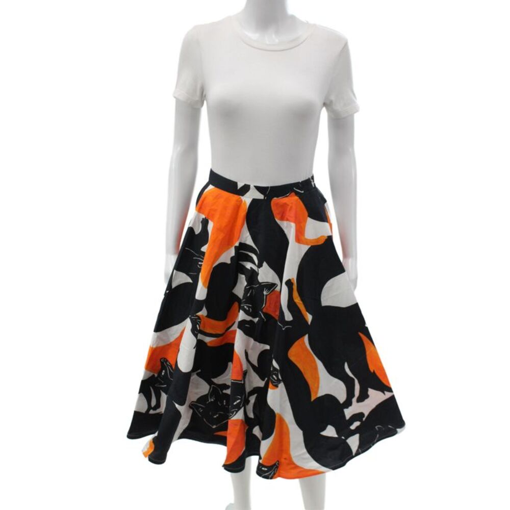 Sara Roka Womens A-Line Midi Skirt Black Cat Animal Print 100% Cotton Size 40
